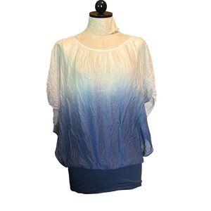 Giusy Made in Italy SILK Ombre Blouse Blue White Dolman Sleeve Crinkle Top Sz M